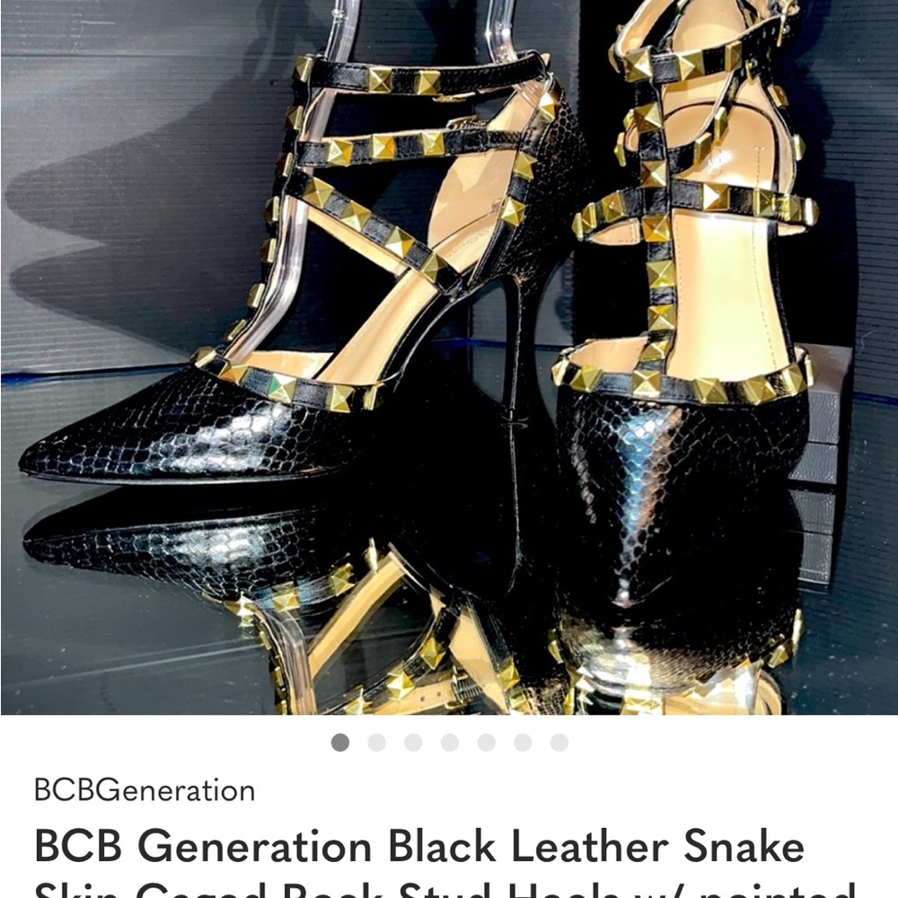 BCB Generation Black Leather Snake Skin Caged Rock Stud Heels w/ pointed toe